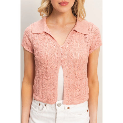 Pointelle Knit Collared Cardigan