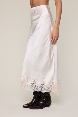 Satin Elastic Waist Lace Midi Skirt