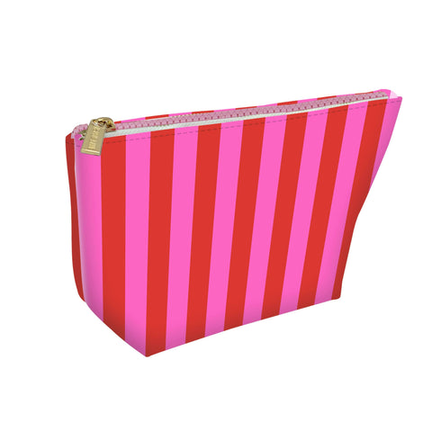 Cute pouch + cosmetic bag | leather pink & red stripe