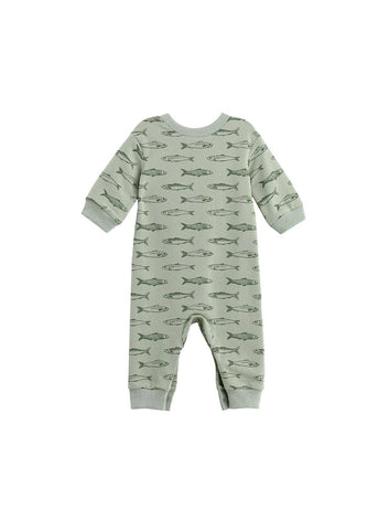 Matthew Long Sleeve Fish Print Ribbed Trim Button Placket Romper