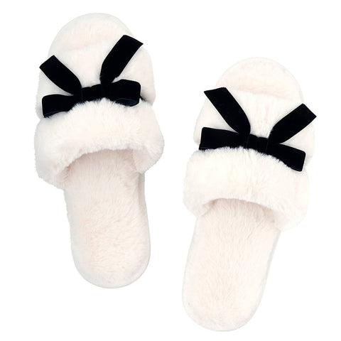 Bella | Plush Velvet Bow Slippers - Ivory + Black Velvet Bow