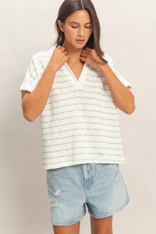 Striped Collared V-Neck Top