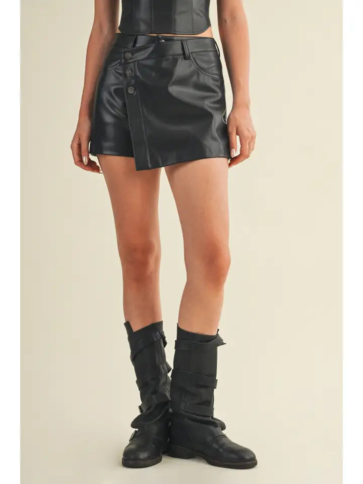 Button Up Wrap Leather Skort