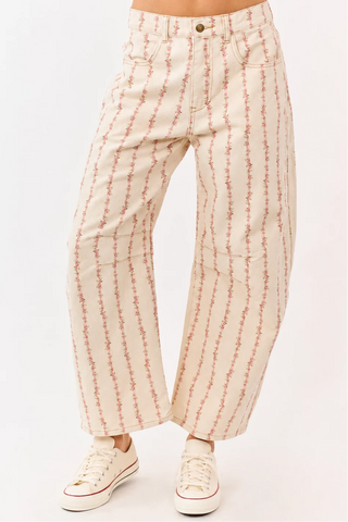 Floral Printed Stitch w/ Front Bronze Button Detail Denim Pants