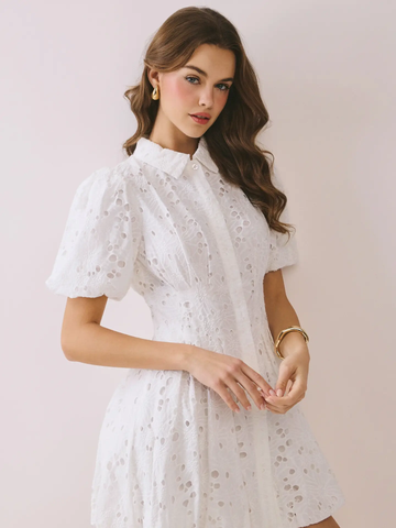 Eyelet Collared Neck Front Button Neck