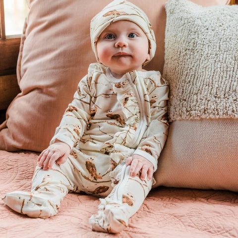 Milkbarn | Green Floral Bamboo Ruffle Zipper Footed Romper