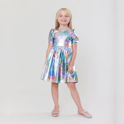 Pink Chicken: Girls Lame Laurie Dress - Cotton Candy