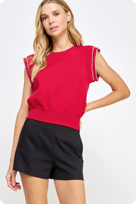 Pearl trim sleeveless top