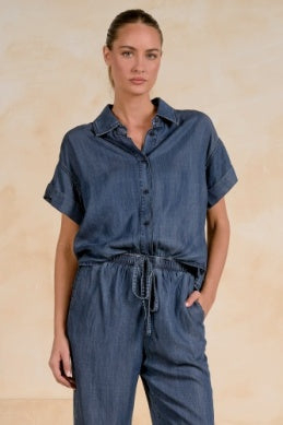 Elan | Short Sleeve Wide Leg Jumpsuit in Navy Wash