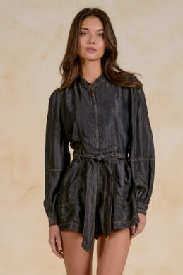 Elan | Long Sleeve Romper in Black Wash