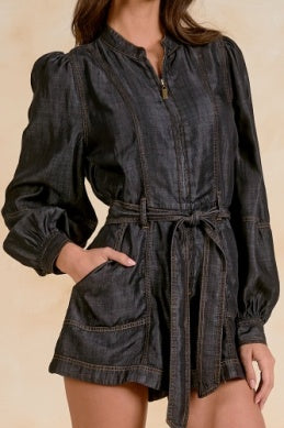Elan | Long Sleeve Romper in Black Wash