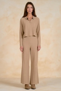 Elan | V-Neck Collared Top in Tan