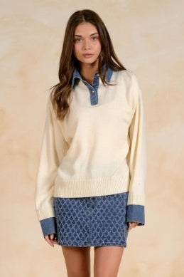Elan | Sweltered Collared Denim Top in Cream