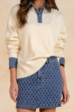 Elan | Sweltered Collared Denim Top in Cream