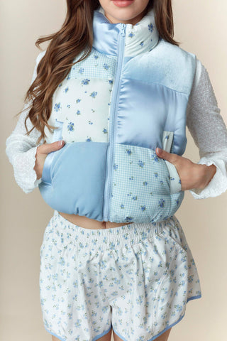 California Blue Floral Cropped Puffer Vest
