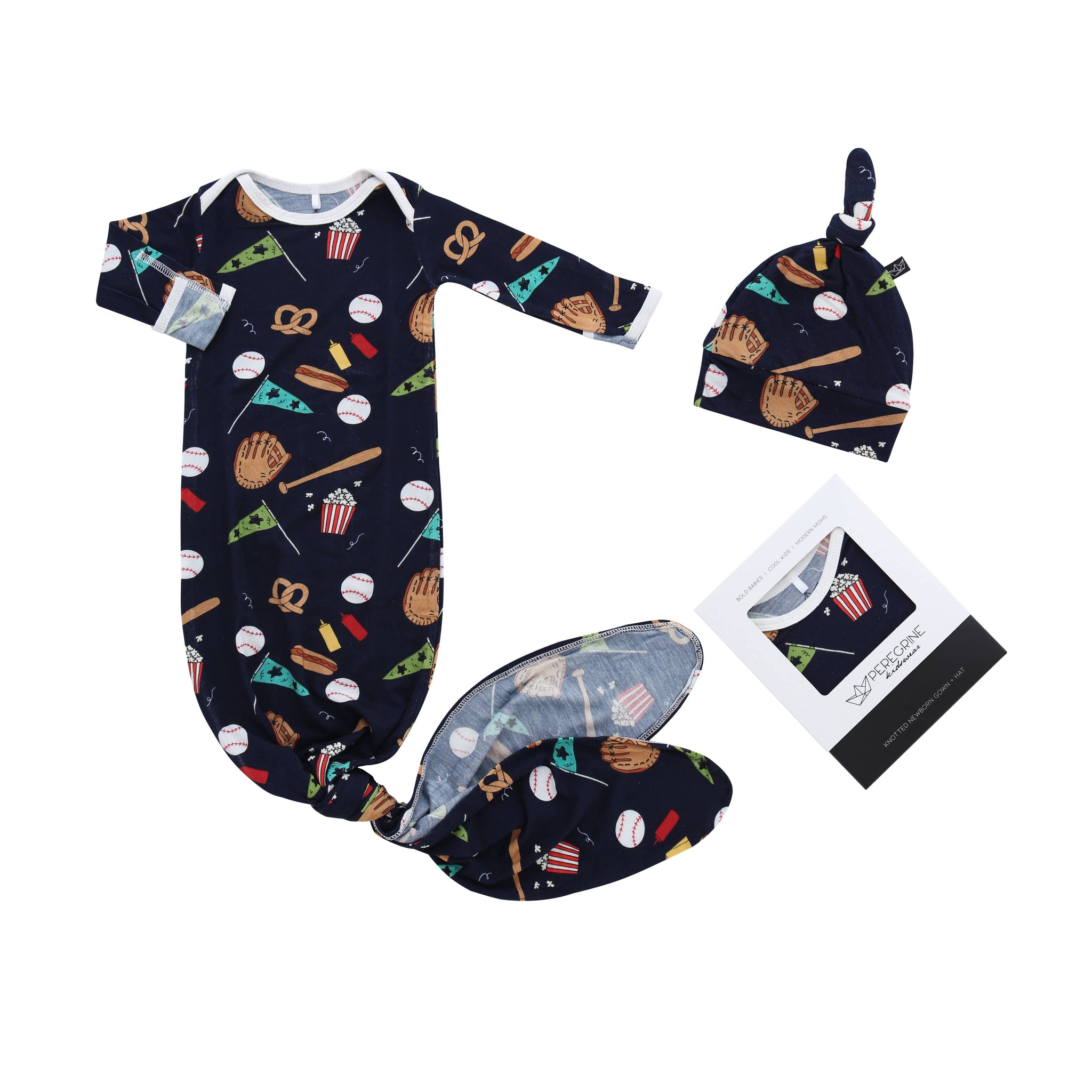 *Baseball Bamboo Knotted Newborn Gown + Hat Set