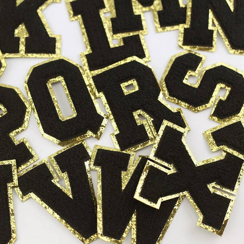 Black Chenille Iron On Gold Glitter Letter Patches