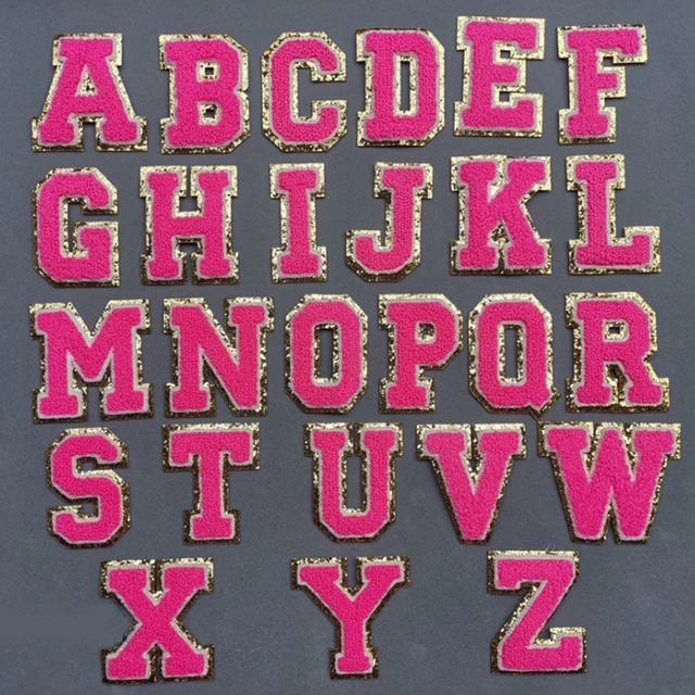 Neon Pink Chenille Iron On Gold Glitter Letter Patches