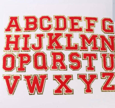 Red Chenille Iron On Gold Glitter Letter Patches