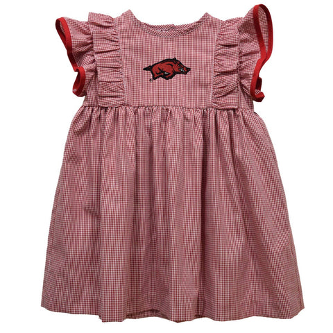 Arkansas Razorbacks Embroidered Red Gingham Ruffle Dress