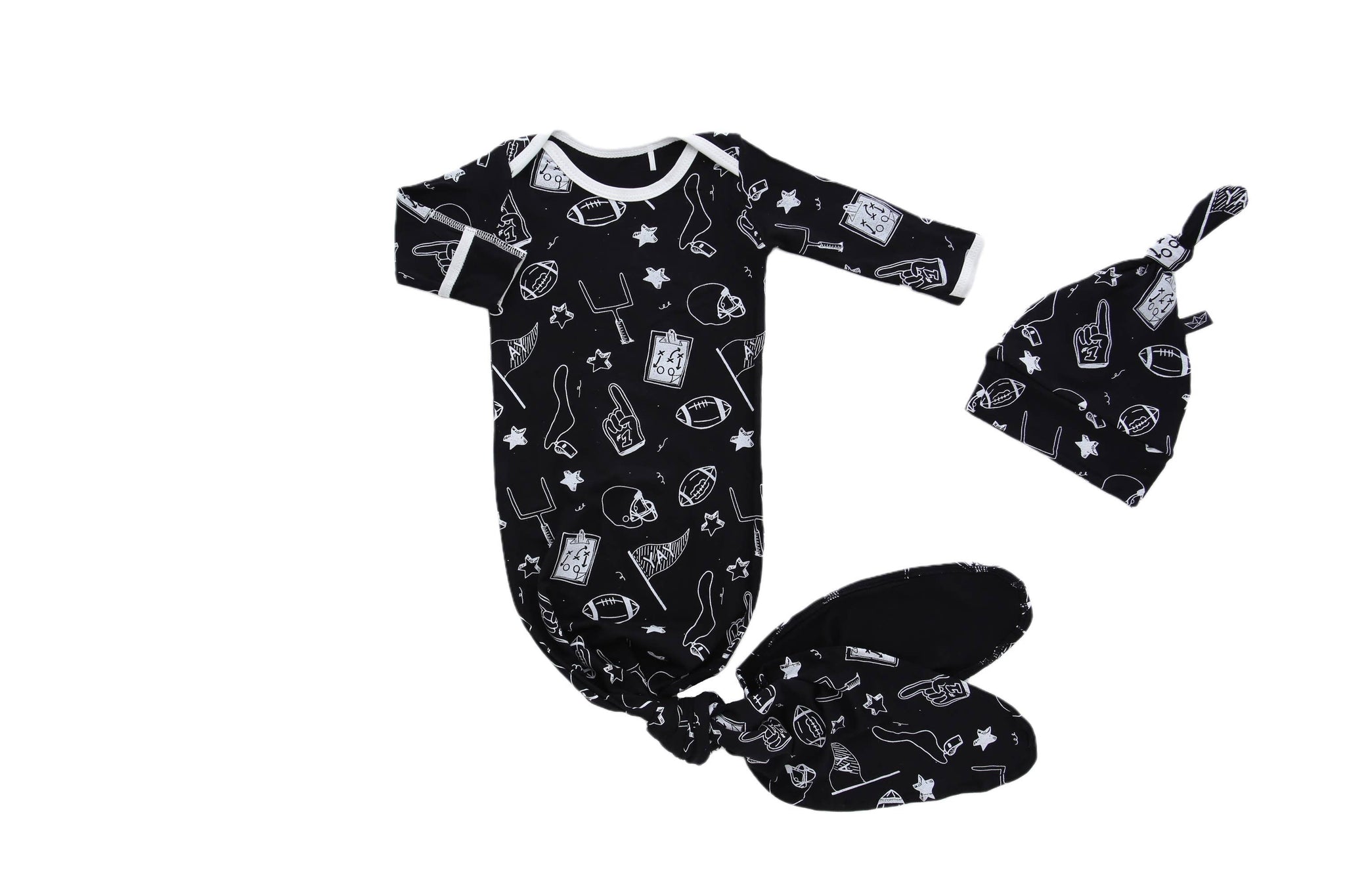 *Midnight Football Bamboo Knotted Newborn Gown + Hat Set