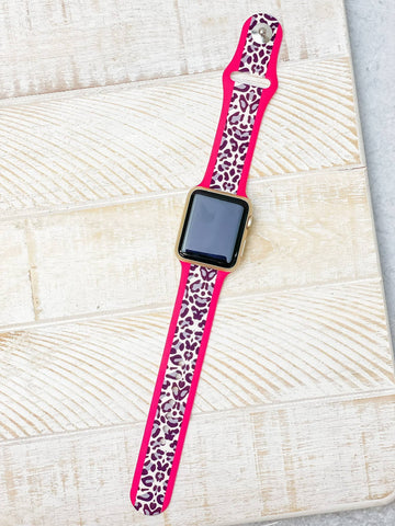 White Leopard Print Silicone Smart Watch Band - Hot Pink