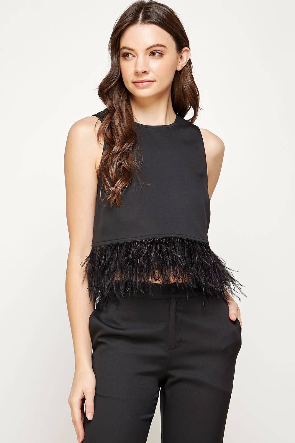 *Feather Trim Sleeveless Cropped Top