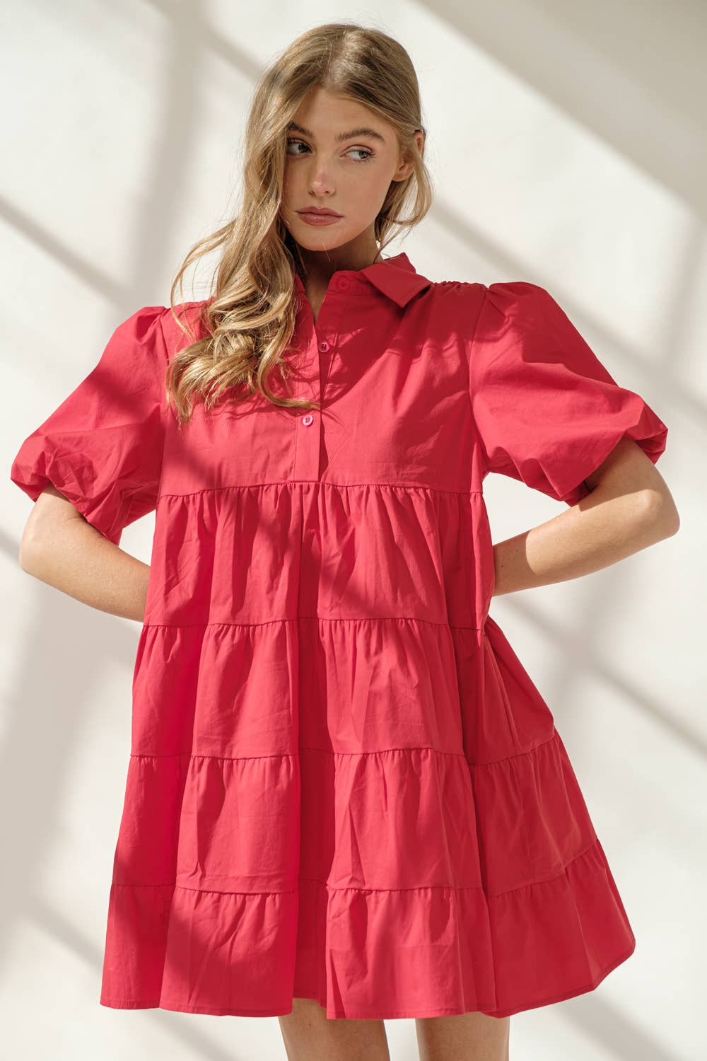 *Red Button Up Tiered Mini Dress