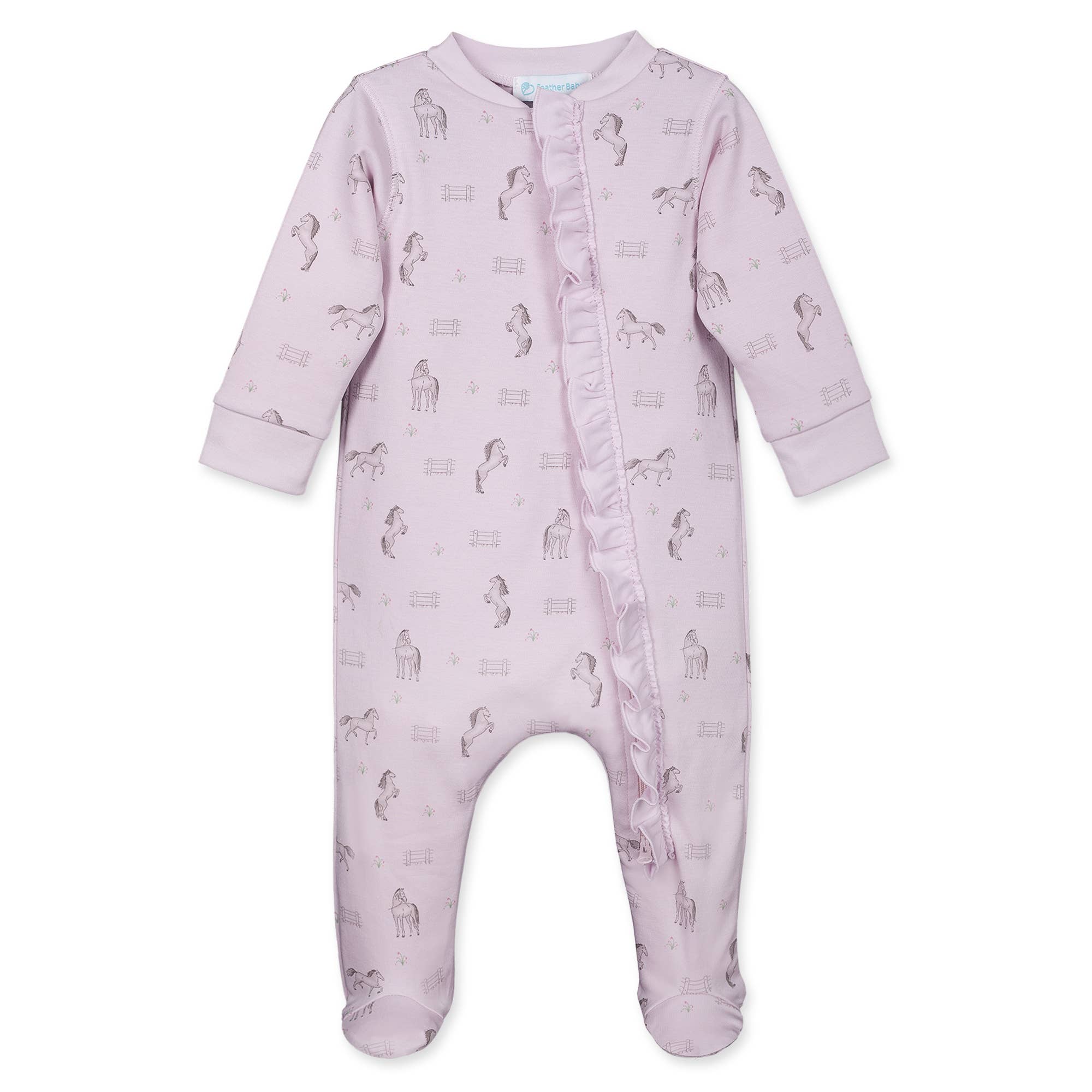 *Zipper Footie with Ruffle - Horses on Pink