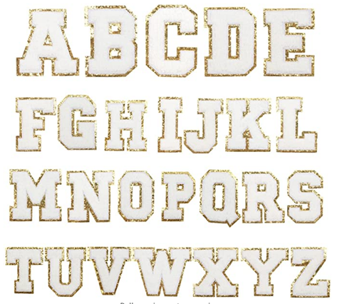 White Chenille Iron On Gold Glitter Letter Patches